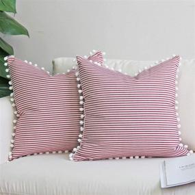 img 4 attached to 🔘 JOJUSIS Farmhouse Red and White Ticking Stripe Throw Pillow Covers with Pom-poms - Set of 2 18 x 18 Inch Outdoor Decorative Couch Pillowcases Cushion Covers