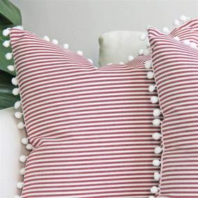 img 3 attached to 🔘 JOJUSIS Farmhouse Red and White Ticking Stripe Throw Pillow Covers with Pom-poms - Set of 2 18 x 18 Inch Outdoor Decorative Couch Pillowcases Cushion Covers