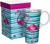 🦩 eye-catching ceramic travel coffee mug with striped flamingo print logo