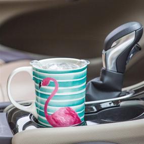 img 1 attached to 🦩 Eye-catching Ceramic Travel Coffee Mug with Striped Flamingo Print