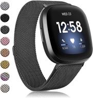 браслеты amzpas fitbit versa 3/sense: дышащая нержавеющая стальная сетка с магнитом, регулируемый ремешок для женщин и мужчин - черный, большой логотип