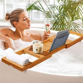 img 1 attached to Luxury Bamboo Bath Tray Bathtub Caddy with Extendable Shelf - Book Holder, Smartphone Stand, Wine Glass Holder, Soap Holder - Fits Bath Sizes 70-105cm x 22.5cm x 4.5cm