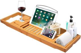 img 4 attached to Luxury Bamboo Bath Tray Bathtub Caddy with Extendable Shelf - Book Holder, Smartphone Stand, Wine Glass Holder, Soap Holder - Fits Bath Sizes 70-105cm x 22.5cm x 4.5cm