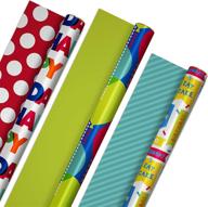 🎁 hallmark reversible birthday wrapping paper bundle - balloons, bright green, teal stripes, white polka dots on red (75 sq. ft. total) logo