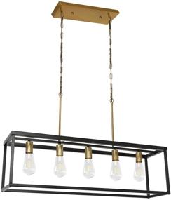 img 2 attached to 🌿 Black Farmhouse Kitchen Island Lighting: Modern Linear Chandelier for Industrial Dining Room - Black & Brass, 5-Light
