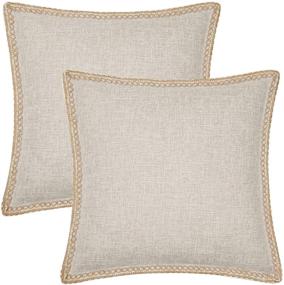 img 2 attached to 🛋️ Set of 2, 20x20 Inch Rustic Farmhouse Decorative Throw Pillow Covers in Neutral Beige Linen for Sofa