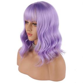 img 2 attached to 💜 Lavender Purple Short Wavy Bob Wig with Air Bangs - 12" Natural Women's Colored Wig by eNilecor