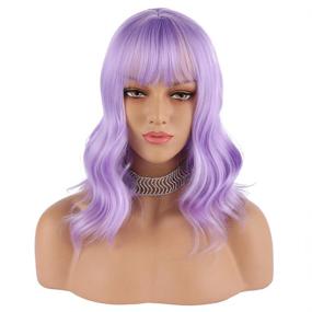 img 3 attached to 💜 Lavender Purple Short Wavy Bob Wig with Air Bangs - 12" Natural Women's Colored Wig by eNilecor