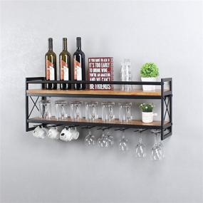 img 2 attached to 🍷 Black 2-Tier 36in Metal and Wood Wall Mounted Wine Rack with Stemware Glass Holder for Glasses, Mugs, and Home Decor - Womio Industrial Stemware Racks