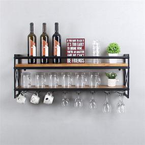 img 3 attached to 🍷 Black 2-Tier 36in Metal and Wood Wall Mounted Wine Rack with Stemware Glass Holder for Glasses, Mugs, and Home Decor - Womio Industrial Stemware Racks