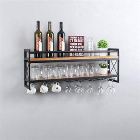 img 4 attached to 🍷 Black 2-Tier 36in Metal and Wood Wall Mounted Wine Rack with Stemware Glass Holder for Glasses, Mugs, and Home Decor - Womio Industrial Stemware Racks