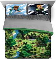 experience ultimate comfort with the jay franco minecraft daytime 7 piece queen bed set - includes comforter & sheet set - featuring alex and steve - premium fade resistant microfiber - (official minecraft product) logo