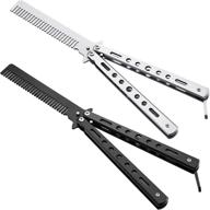 stainless steel folding training practice combs set - 2 pieces butterfly combs for sport outdoor use, hair styling tools (black/silver) logo