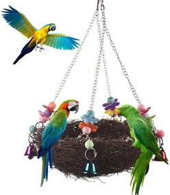 img 4 attached to Premium Rattan Nest Bird Swing Toy with Bells for a Variety of Parrot Species in Various Cage Perches