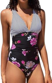 img 3 attached to 👙 CUPSHE Women's Vintage Swimwear: One Piece V Neck Tummy Control Swimsuit with Cross Back - Stylish Bathing Suit for Women