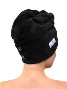 img 2 attached to 👩 American Soft Linen Hair Drying Towel: Quick Drying Turban Wrap for Long Curly Hair - Absorbent & Soft Head Towel Cap with Button for Women, Girls & Kids (1-Pack, Black)