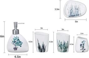img 3 attached to EPFamily White Ceramic Bathroom Accessories Set - Includes 5-Piece Soap Dispenser, Toothbrush Holder, 2 Tumblers, Soap Dish with Green Plant Design