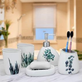 img 1 attached to EPFamily White Ceramic Bathroom Accessories Set - Includes 5-Piece Soap Dispenser, Toothbrush Holder, 2 Tumblers, Soap Dish with Green Plant Design