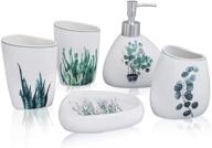 epfamily white ceramic bathroom accessories set - includes 5-piece soap dispenser, toothbrush holder, 2 tumblers, soap dish with green plant design logo