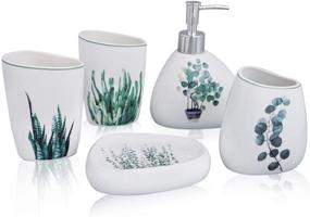 img 4 attached to EPFamily White Ceramic Bathroom Accessories Set - Includes 5-Piece Soap Dispenser, Toothbrush Holder, 2 Tumblers, Soap Dish with Green Plant Design