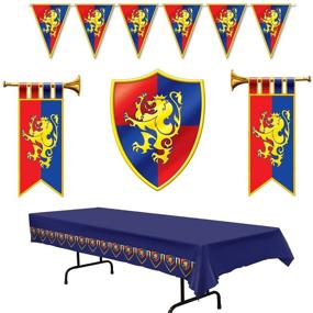 img 4 attached to Medieval Party Decorations Bundle: Cardboard Herald Trumpets, Crest, Plastic Pennant Banner, and Tablecover (Pack of 5) - by Multiple