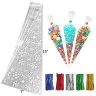 200 pcs snowflake clear cone treat bags with twist ties - cellophane plastic cone bags for favor candy, popcorn, handmade cookies - triangle bags, 5 mix colors - 15'' x 7'' logo