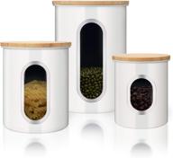 🍶 premium set of 3 bamboo kitchen canisters with airtight lids and transparent windows - ideal for coffee, tea, grain, dry food storage (white) логотип