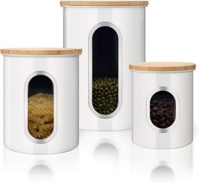 img 4 attached to 🍶 Premium Set of 3 Bamboo Kitchen Canisters with Airtight Lids and Transparent Windows - Ideal for Coffee, Tea, Grain, Dry Food Storage (White)