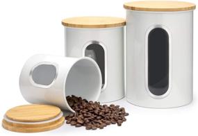 img 3 attached to 🍶 Premium Set of 3 Bamboo Kitchen Canisters with Airtight Lids and Transparent Windows - Ideal for Coffee, Tea, Grain, Dry Food Storage (White)