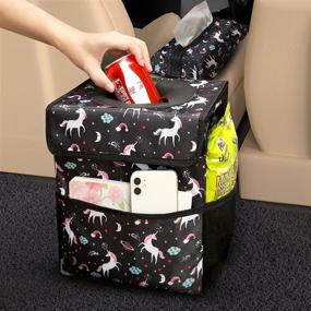 img 3 attached to 🦄 Car Trash Can with Lid, Storage Bag, Tissue Box | Hanging Waterproof Bag, 100% Leak-Proof | Collapsible Trash Can Storage Bag, Large | Unicorn Pattern