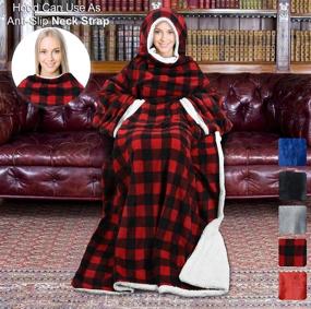 img 4 attached to 🐃 Tirrinia Red Buffalo Plaid Sherpa Hood Wearable Blanket - Cozy Wrap Robe for Adults, Sofa/Couch TV Blanket with Sleeves 72" x 55