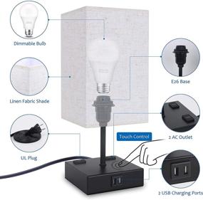 img 1 attached to 💡 Dimmable Bedside Lamp with 2 USB Charging Port and AC Outlet, Touch Control Table Lamp for Bedroom, Square Nightstand Lamp with E26 LED Bulbs - 5000K Daylight