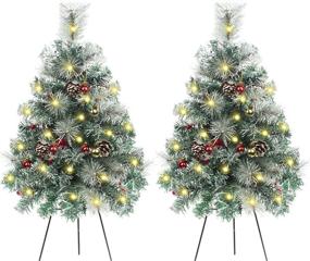 img 4 attached to Enhance Your Outdoor Christmas Decor with PLASUPPY Set of 2 30-Inch Pathway Christmas Trees - Battery Operated & Pre-Lit with 60 LEDs, Red Berries, Pine Cones, & Ball Ornaments for Holiday Décor