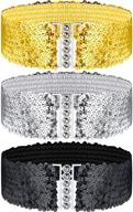 shimmering 3 piece sequin belt set for 70s 80s disco costume party - wide waist elastic cinch belt with metal buckle glitter in gold, silver & black logo