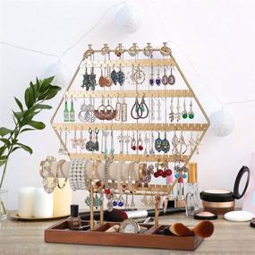 img 1 attached to 📿 6-Tier Gold Earring Holder Stand and Organizer with Hexagonal Jewelry Stand and Wooden Tray - Perfect for Jewelry Storage, Showcase & Organization