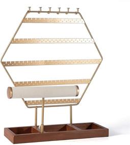 img 4 attached to 📿 6-Tier Gold Earring Holder Stand and Organizer with Hexagonal Jewelry Stand and Wooden Tray - Perfect for Jewelry Storage, Showcase & Organization