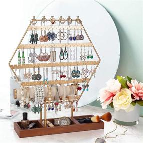img 3 attached to 📿 6-Tier Gold Earring Holder Stand and Organizer with Hexagonal Jewelry Stand and Wooden Tray - Perfect for Jewelry Storage, Showcase & Organization