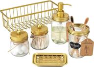 🏡 rustic farmhouse premium mason jar bathroom accessories set - 6pcs, gold finish - lotion soap dispenser, toothbrush holder, 2 apothecary jars, soap dish tray, storage organizer basket bin - enhancing home decor logo