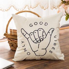 img 1 attached to Fahrendom Aloha Hand Gesture Cotton Linen Decorative Throw Pillow Case with Motivational Words for Sofa Couch, 18 x 18 Inches - Good Vibes Only Hang Hand Symbol
