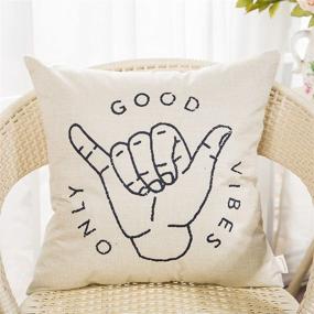 img 2 attached to Fahrendom Aloha Hand Gesture Cotton Linen Decorative Throw Pillow Case with Motivational Words for Sofa Couch, 18 x 18 Inches - Good Vibes Only Hang Hand Symbol