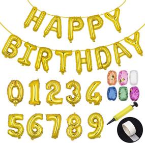 img 4 attached to 🎈 2 Pack 16" Gold Happy Birthday & 0-9 Number Foil Balloons - Event Supplies Party Wedding Birthday Graduation Baby Shower Anniversary Home Decorations Banner Backdrop Door Shiny Ribbons Plastic Pump Set