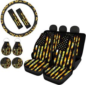 img 4 attached to 🚗 Goyentu 11 in 1 American Flag Sunflower Car Seat Covers Set: Front, Back, Steering Wheel, Belt Pads, Cup Holders + Key Chains