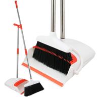 broom and dustpan set - ultra durable, tear-free construction - 80% heavier duty - upright standing dust pan with extendable broomstick for effortless sweeping - simple assembly - ideal for home, kitchen, room, office, or lobby logo