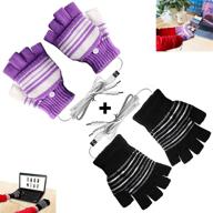 🧤 usb heated gloves for men and women | 2-pack mitten with usb 2.0 powered stripes heating pattern | knitting wool fingerless laptop gloves | hands warmer | washable design | perfect gift | black + purple logo