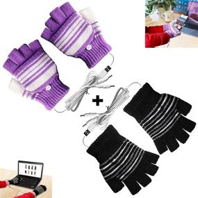 img 4 attached to 🧤 USB Heated Gloves for Men and Women | 2-Pack Mitten with USB 2.0 Powered Stripes Heating Pattern | Knitting Wool Fingerless Laptop Gloves | Hands Warmer | Washable Design | Perfect Gift | Black + Purple