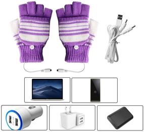 img 2 attached to 🧤 USB Heated Gloves for Men and Women | 2-Pack Mitten with USB 2.0 Powered Stripes Heating Pattern | Knitting Wool Fingerless Laptop Gloves | Hands Warmer | Washable Design | Perfect Gift | Black + Purple