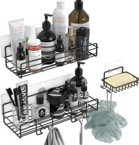 img 4 attached to 🚿 SUS304 Rustproof Black Shower Caddy Basket Shelf with Soap Holder - Traceless Adhesive Shower Wall Shelves for Bathroom Shower Storage - 3-Pack Organizer