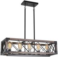 rustic rectangle dining room light fixture - wood farmhouse kitchen island cage chandelier lighting, black metal industrial pendant light with 5 lights edison e26 8033 logo