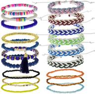 🌈 rechicgu 19pcs pack: colorful heishi bead stack surfer cuff bracelet & friendship braided rope anklet bangle set - stretch & adjustable stacking for a fashionable look! logo