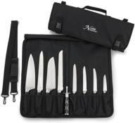 premium padded chef knife bag with 8+ slots - holds 8 knives, meat cleaver, knife steel, utensils, and tools! durable knife carrier with name card holder and bonus zipped pouch - bag only logo